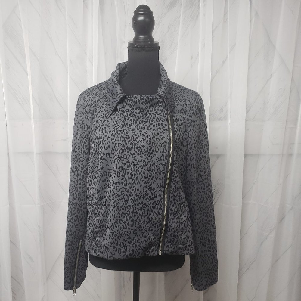 Sunny Taylor Grey Leopard Print Jersey Zip Moto Jacket Size 14